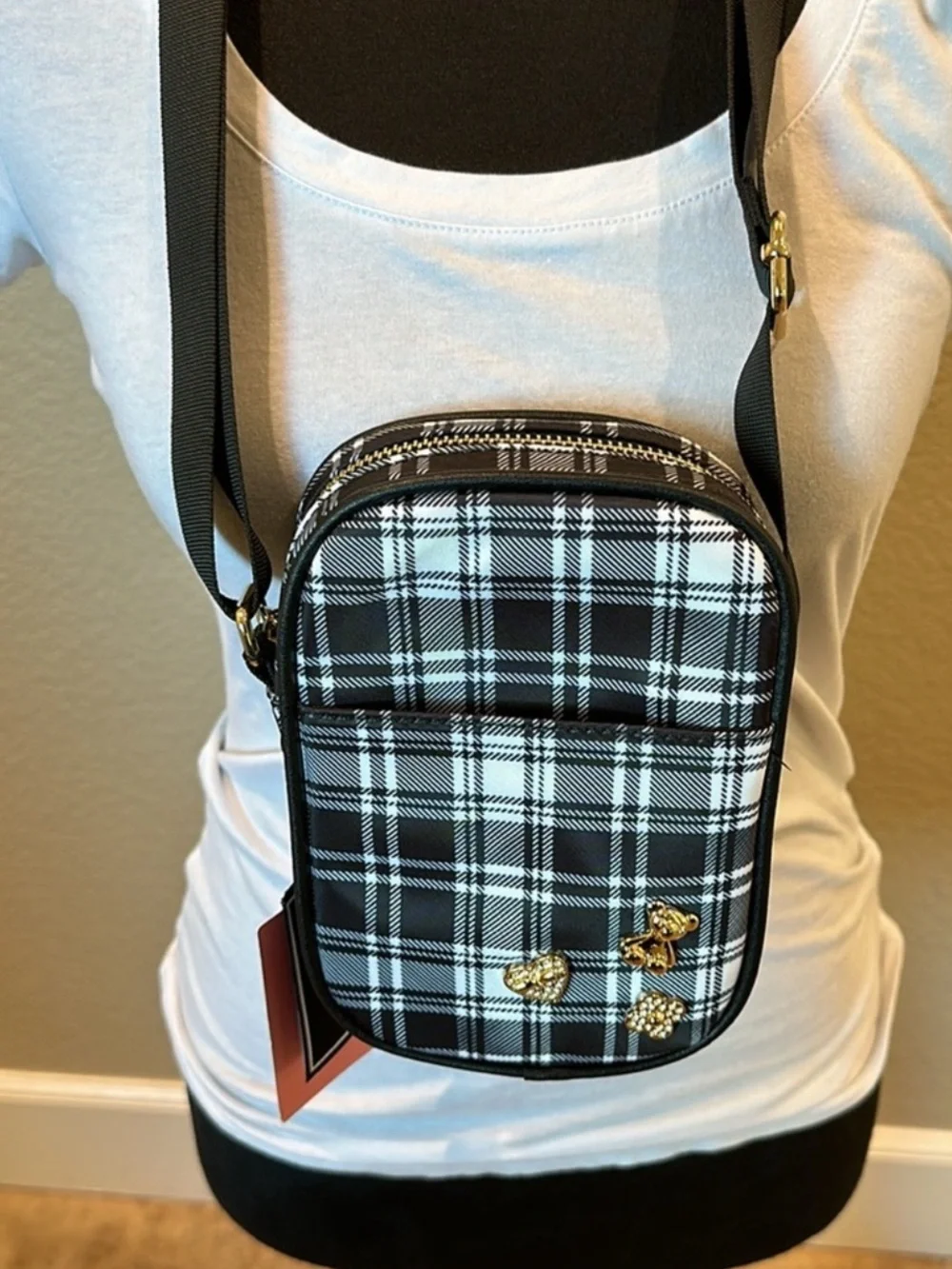 Plaid Black Crossbody Bag with Gold Accents New